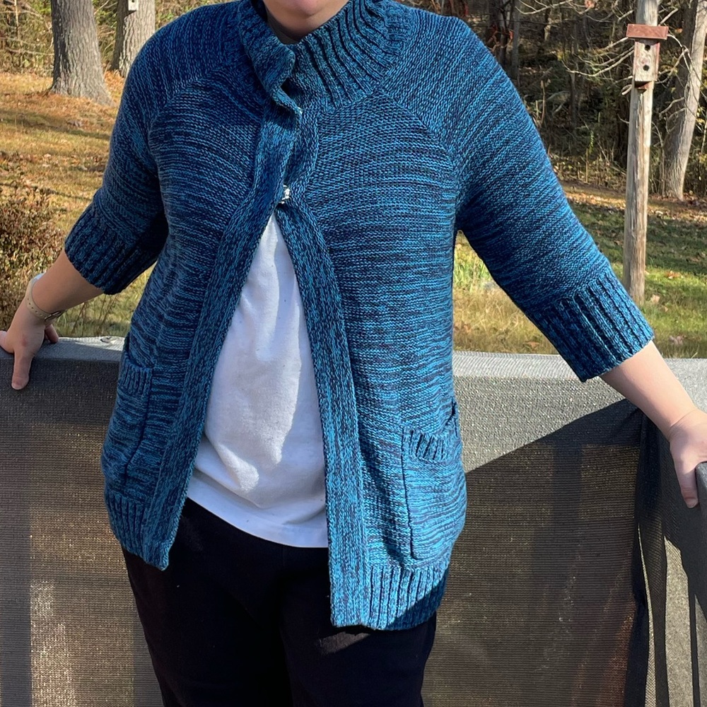NY&Co Short Sleeve Teal/Navy Cardigan Sweater Med
